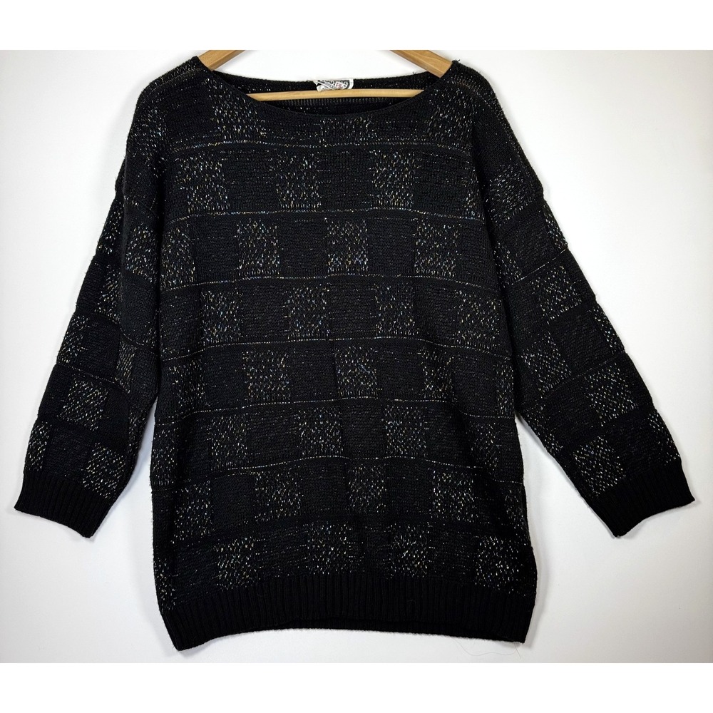 Keneth Too Sweater Womens Medium Black Metallic Knit‎ Made in USA Textured Top